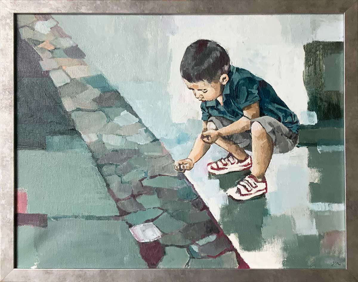 Ölbild mit einem Jungen, der mit Kieselsteinen spielt
