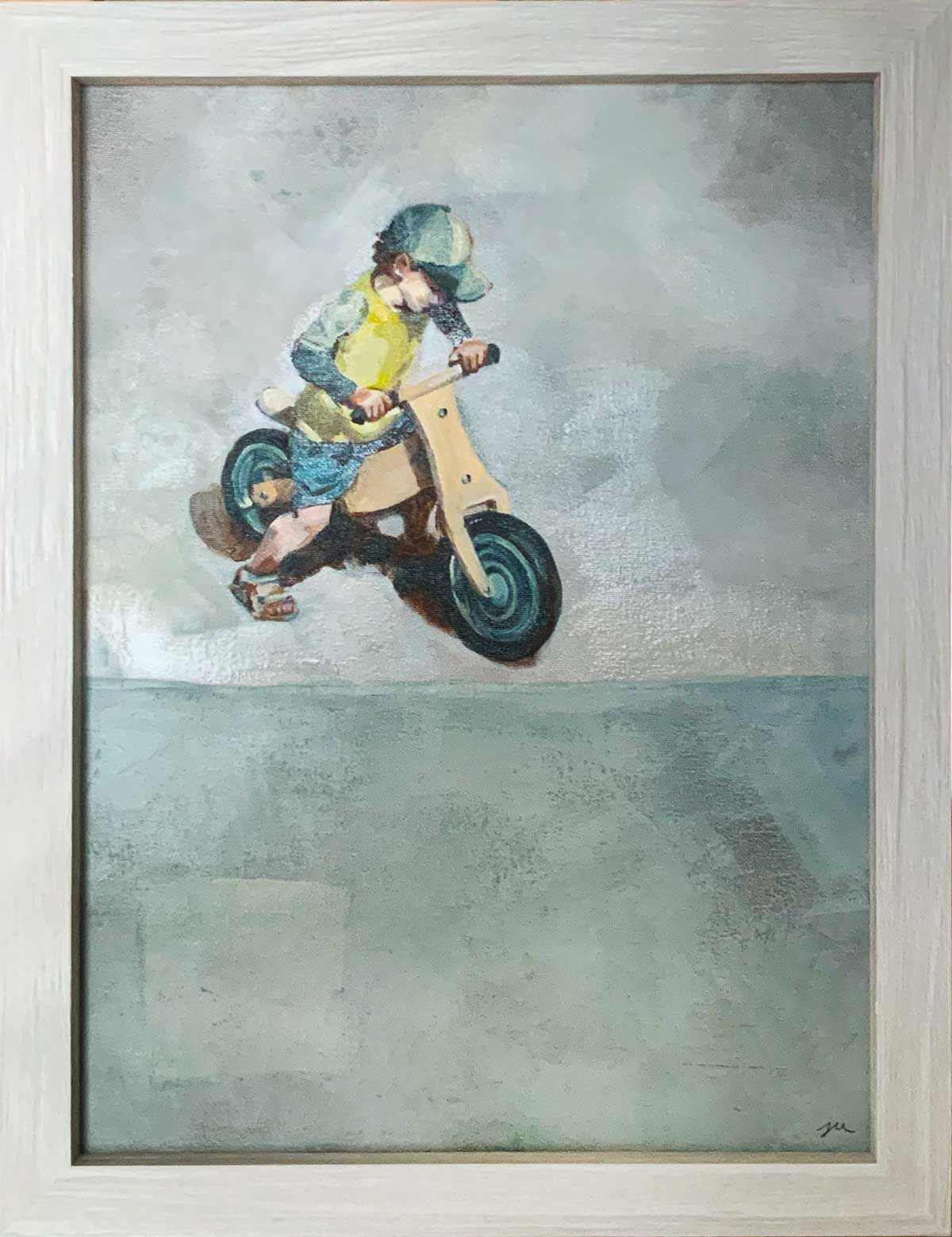 Ölbild eines Jungen mit Dreirad