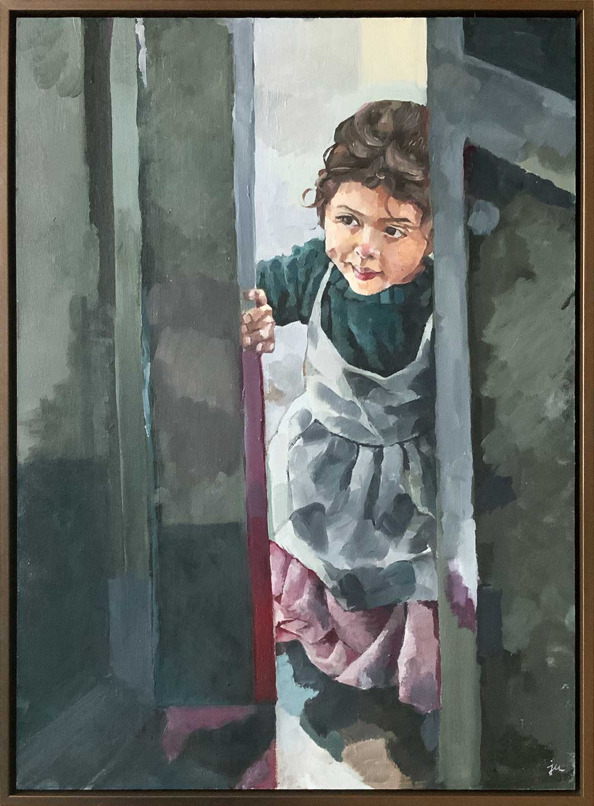 Ölbild Portrait eines Mädchens, das eine Türe öffnet