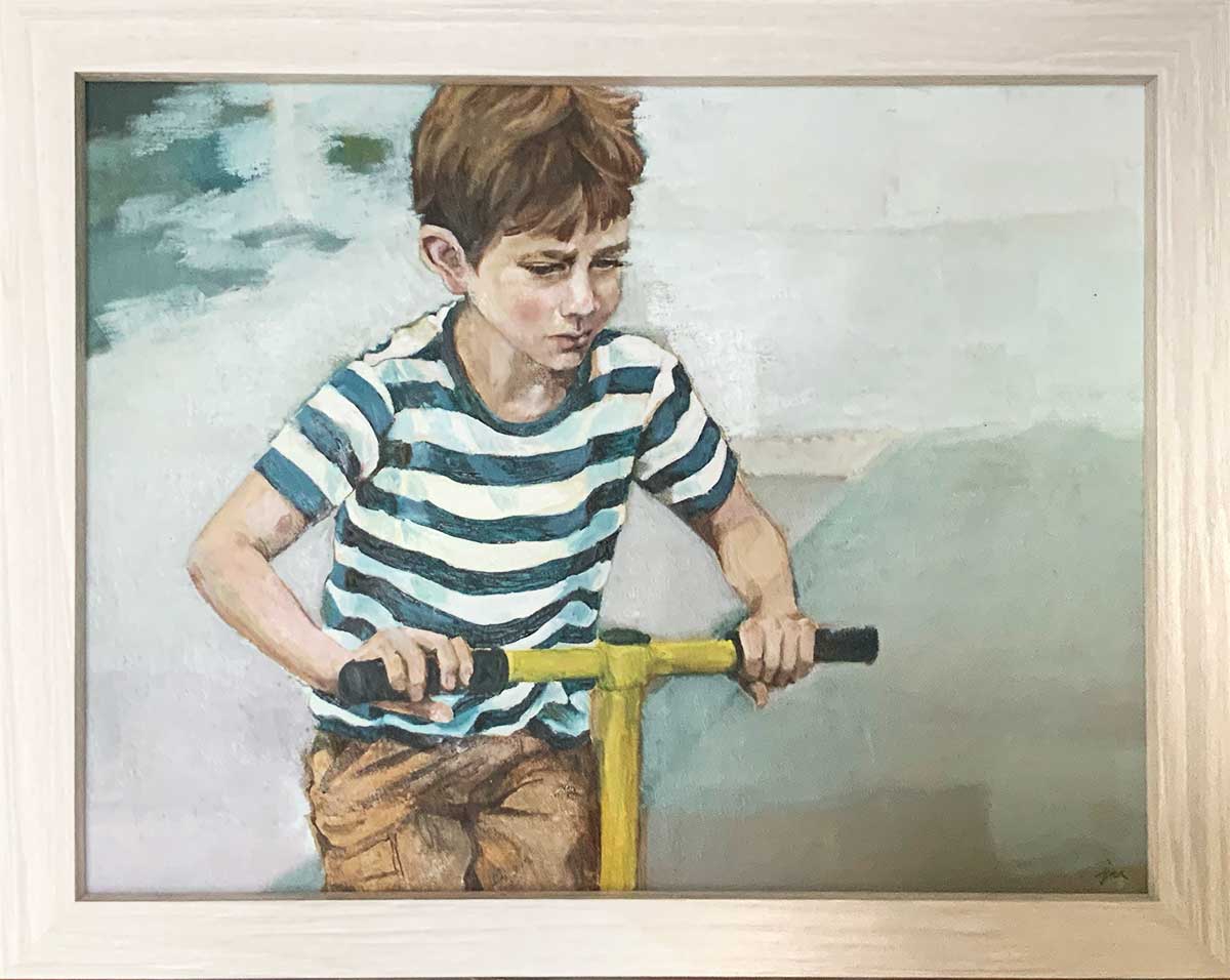Ölbild: Portrait eines Jungen mit gelbem Roller