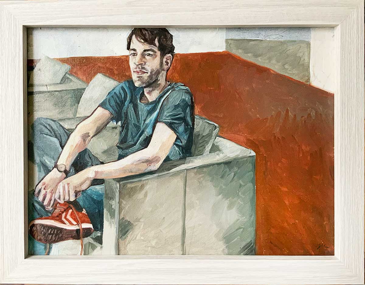Ölbild: Portrait eines Mannes, der sich gerade die Schuhe anzieht